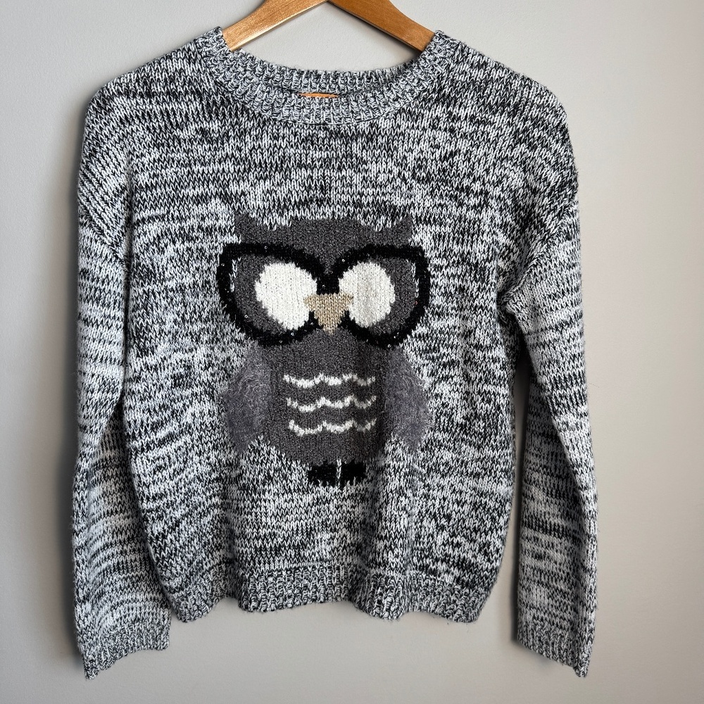 POINT ZERO GIRLS Long Sleeve Owl Knit Sweater‎ Salt & Pepper Size Large Animal